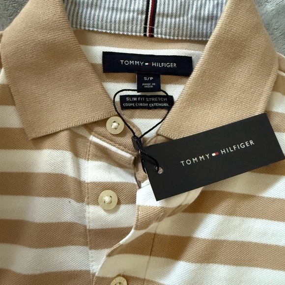 Tommy Hilfiger Tan and White Striped Polo Shirt - Picture 3 of 3